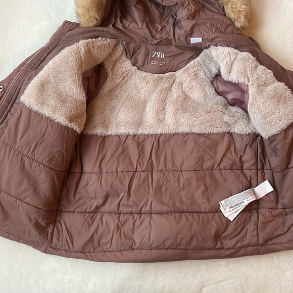 Zara girls dusty rose winter coat w faux fur hood - Picture 6 of 8